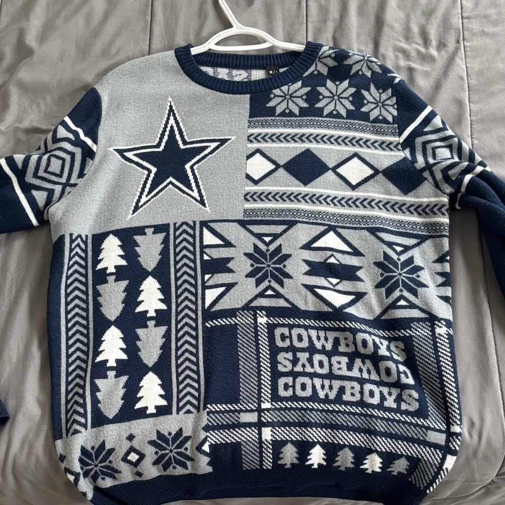 NFL Dallas Cowboys Navy and Gray Patchwork Crewneck Sweater